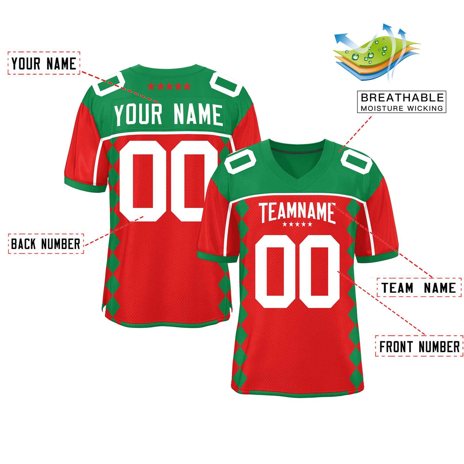 Custom Kelly Green Red Raglan Sleeves Side Blocks Pattern Authentic Football Jersey