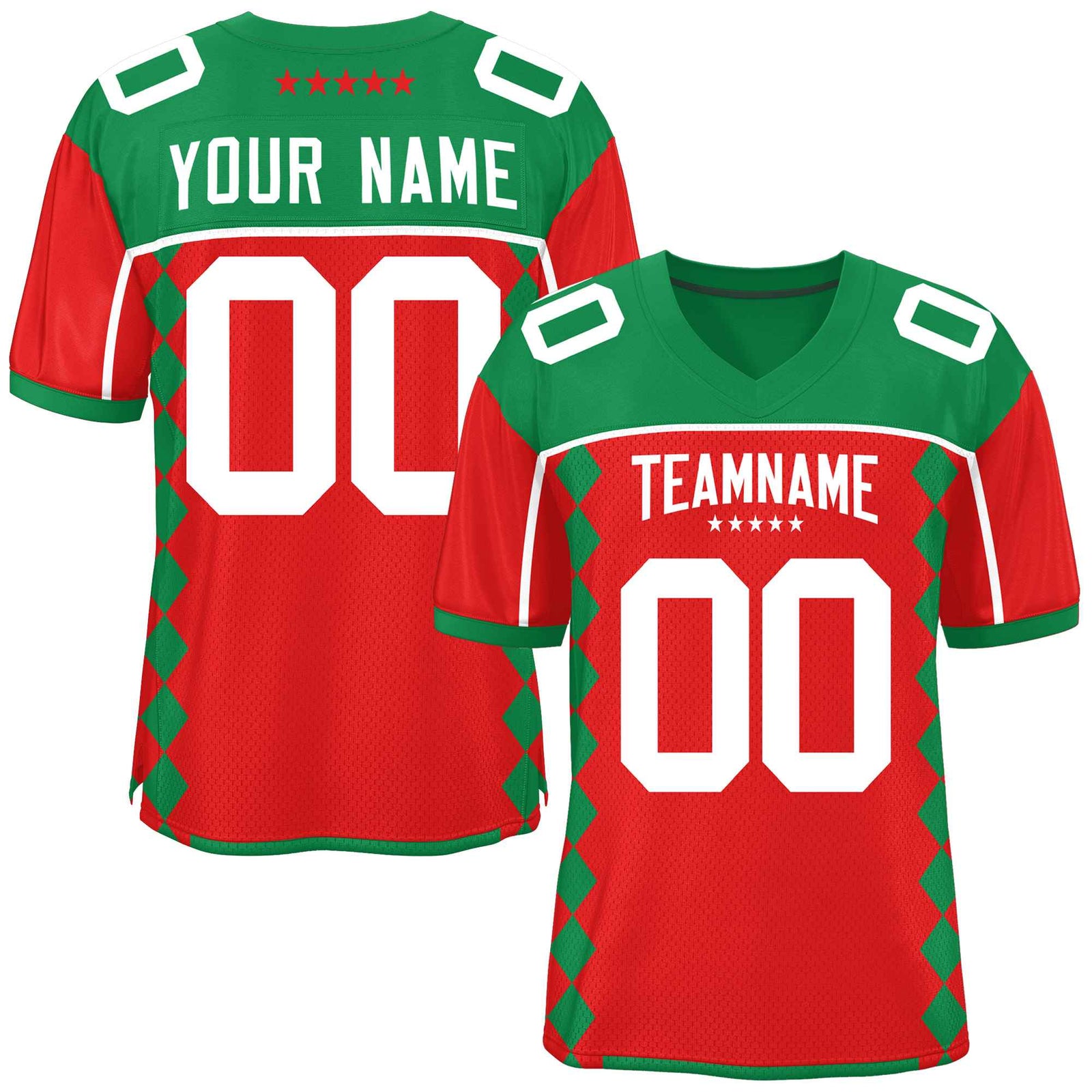 Custom Kelly Green Red Raglan Sleeves Side Blocks Pattern Authentic Football Jersey