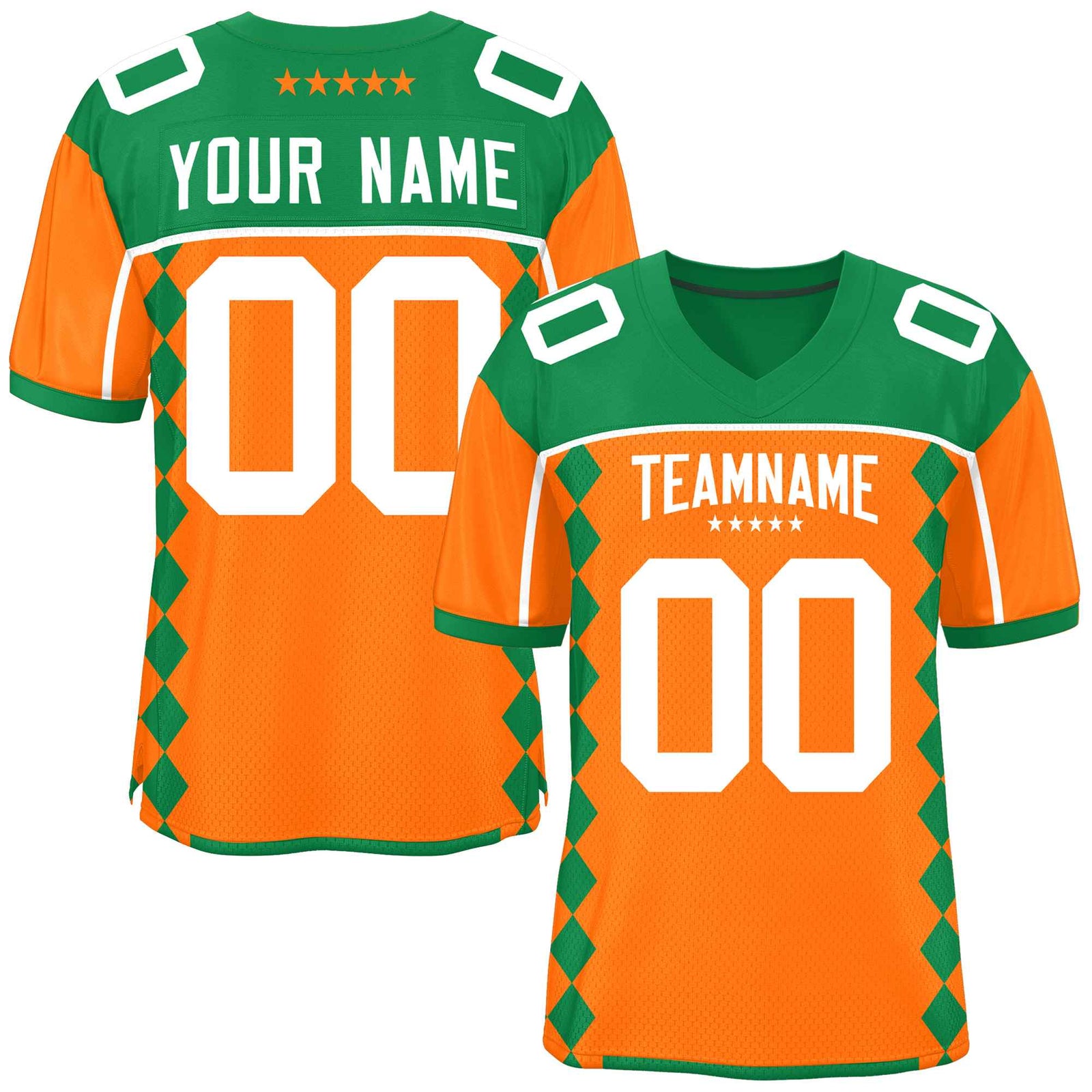 Custom Kelly Green Orange Raglan Sleeves Side Blocks Pattern Authentic Football Jersey