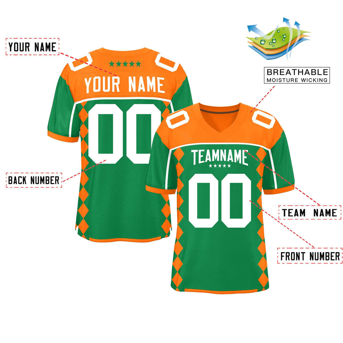 Custom Orange Kelly Green Raglan Sleeves Side Blocks Pattern Authentic Football Jersey