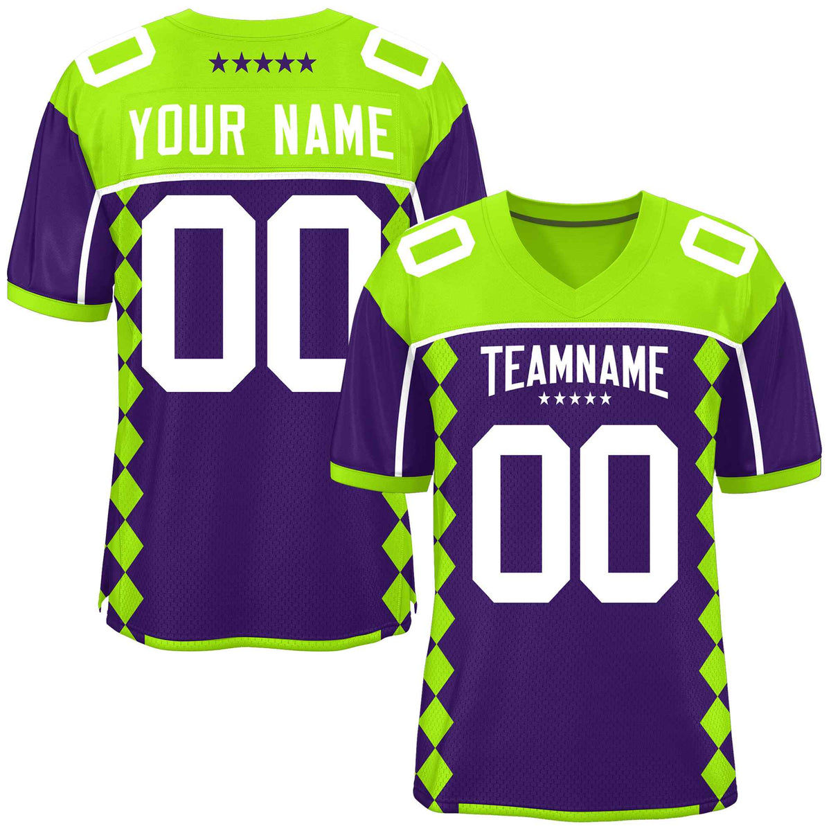 Custom Neon Green Purple Raglan Sleeves Side Blocks Pattern Authentic Football Jersey