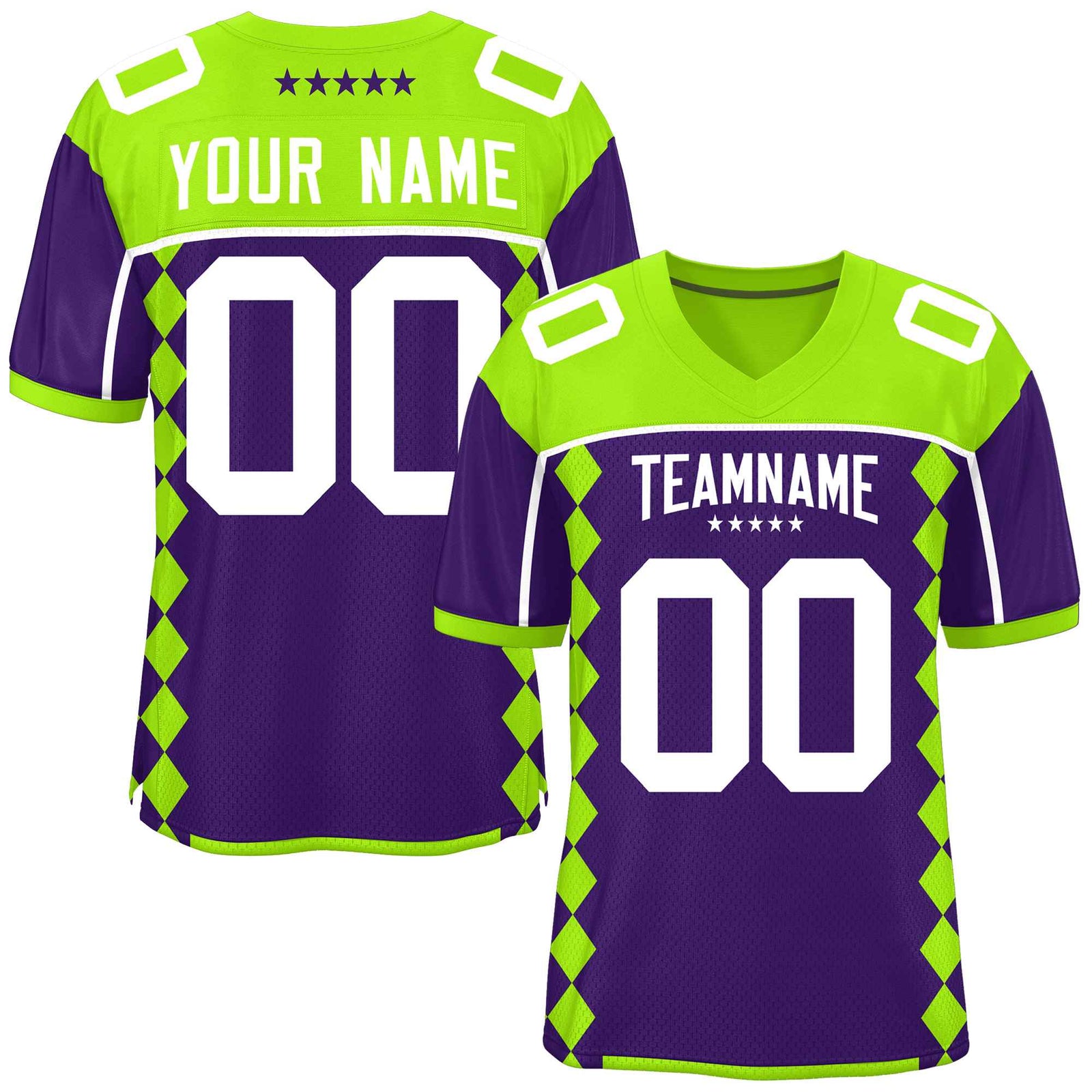 Custom Neon Green Purple Raglan Sleeves Side Blocks Pattern Authentic Football Jersey