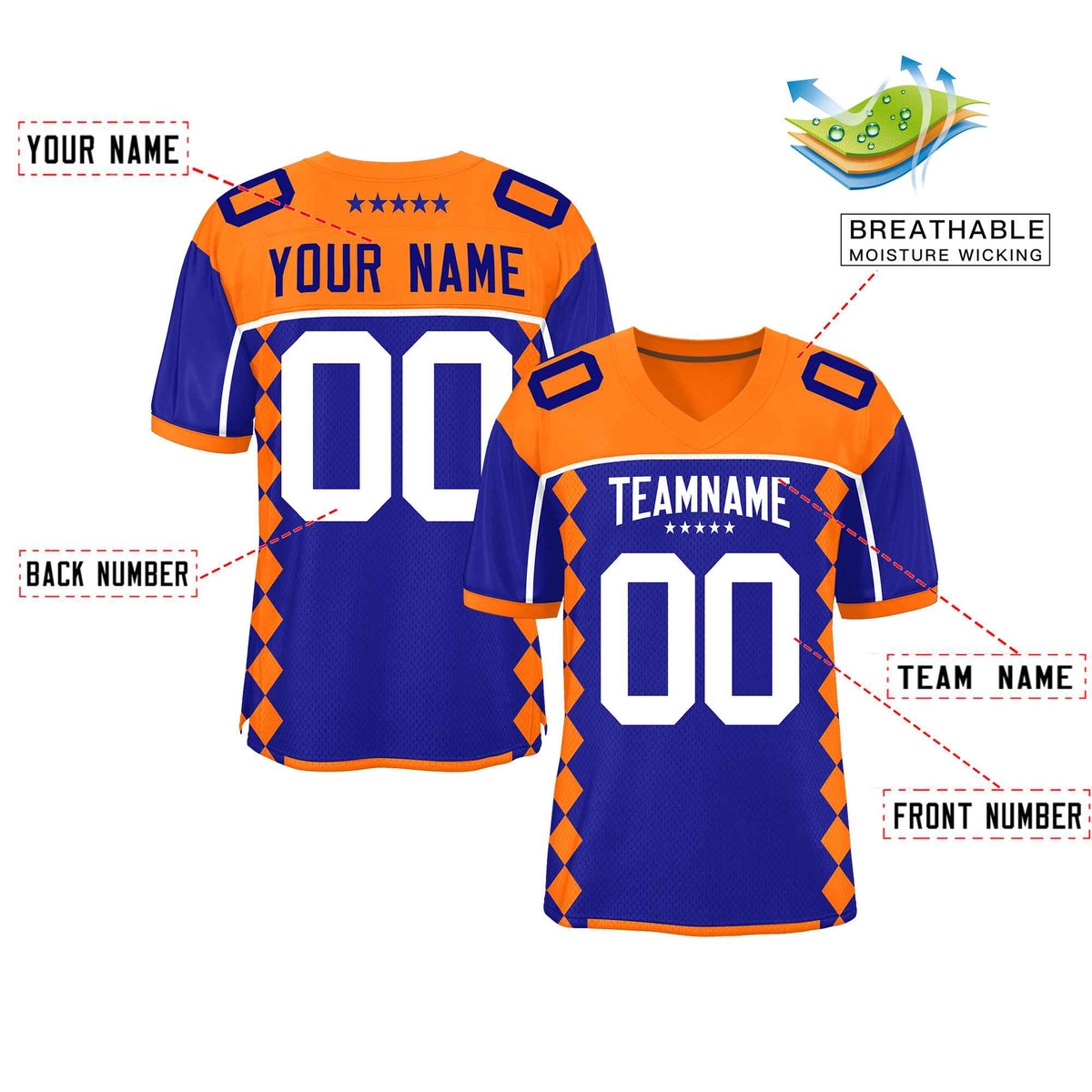 Custom Orange Royal Raglan Sleeves Side Blocks Pattern Authentic Football Jersey