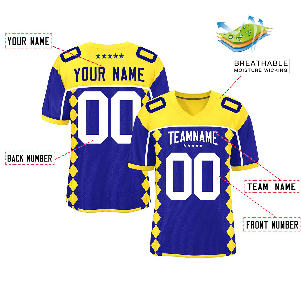 Custom Gold Royal Raglan Sleeves Side Blocks Pattern Authentic Football Jersey