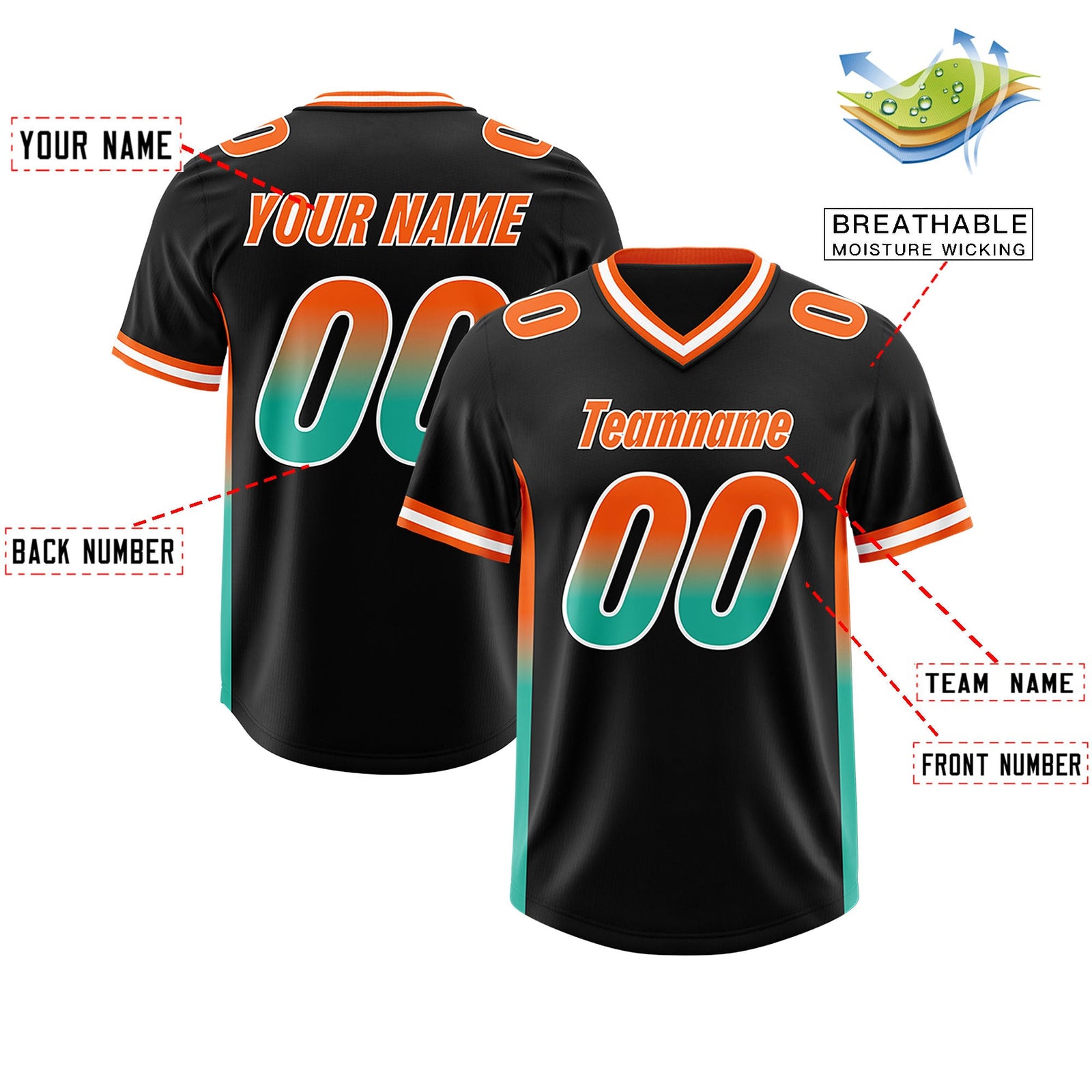 Custom Black Orange and Bright Green Sides Gradient Fashion Personalized Team Football Jersey