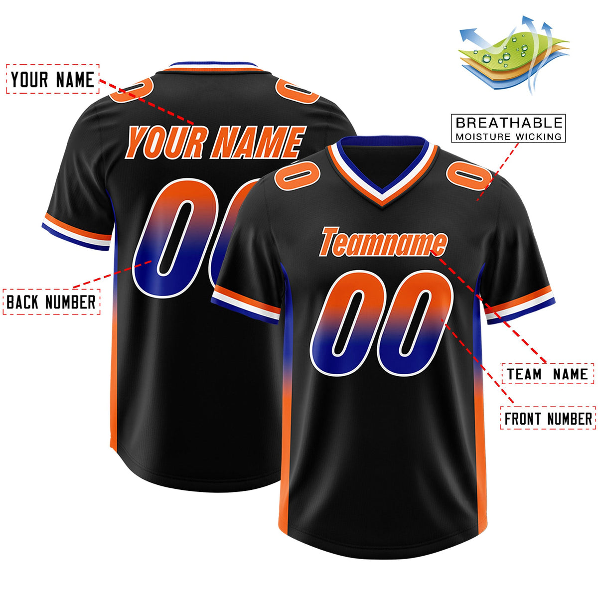 Custom Black Royal and Orange Sides Gradient Fashion Personalized Team Football Jersey