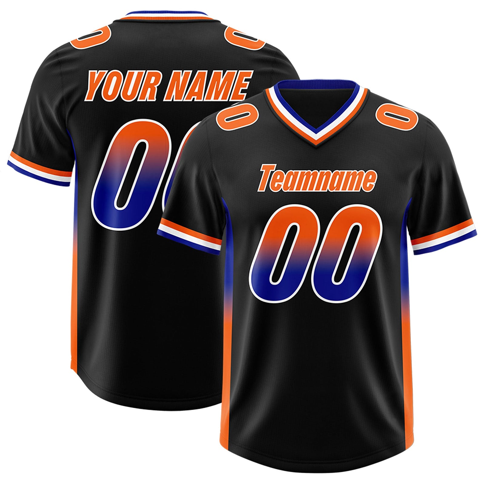 Custom Black Royal and Orange Sides Gradient Fashion Personalized Team Football Jersey