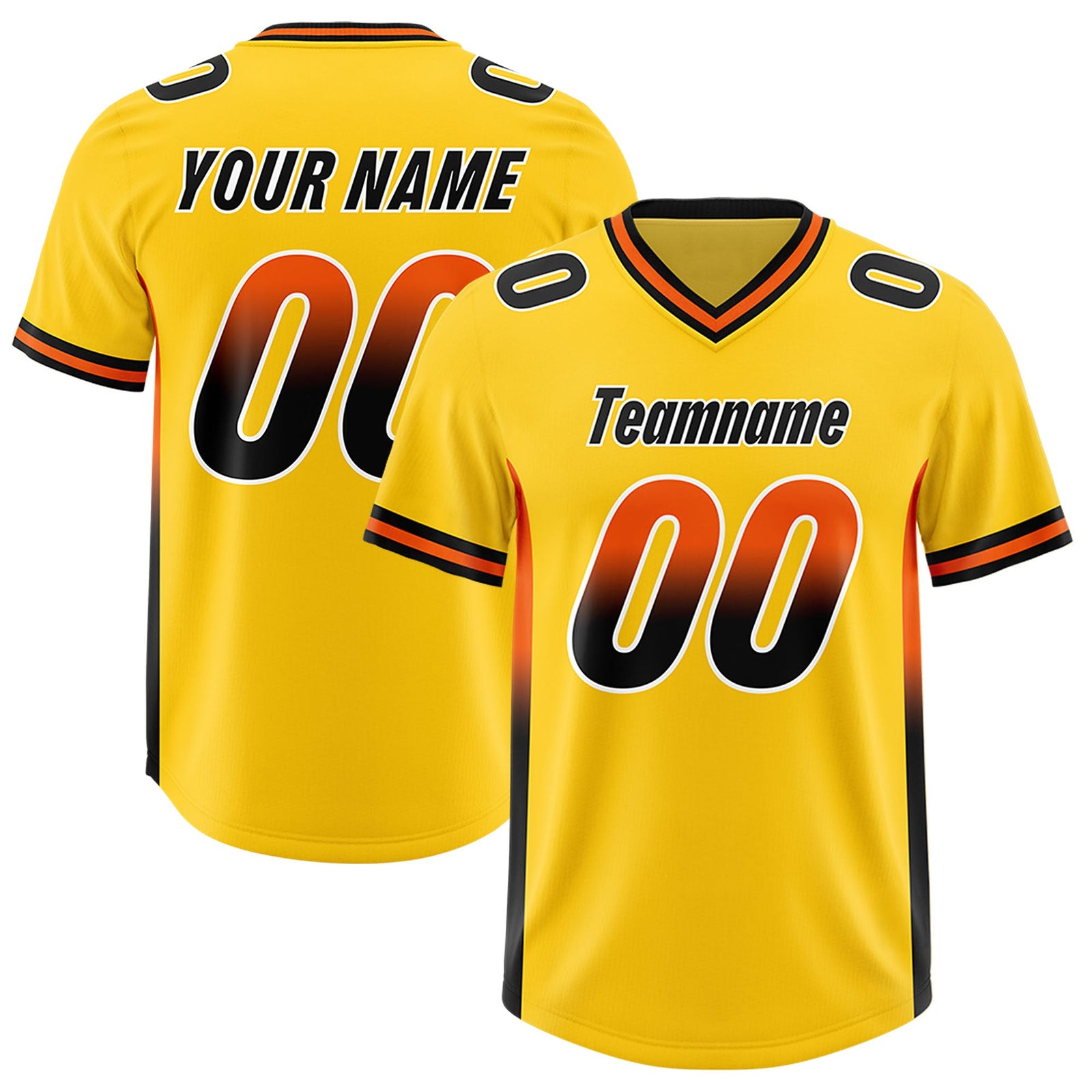 Custom Gold Orange and Black Sides Gradient Fashion Personalized Team Football Jersey