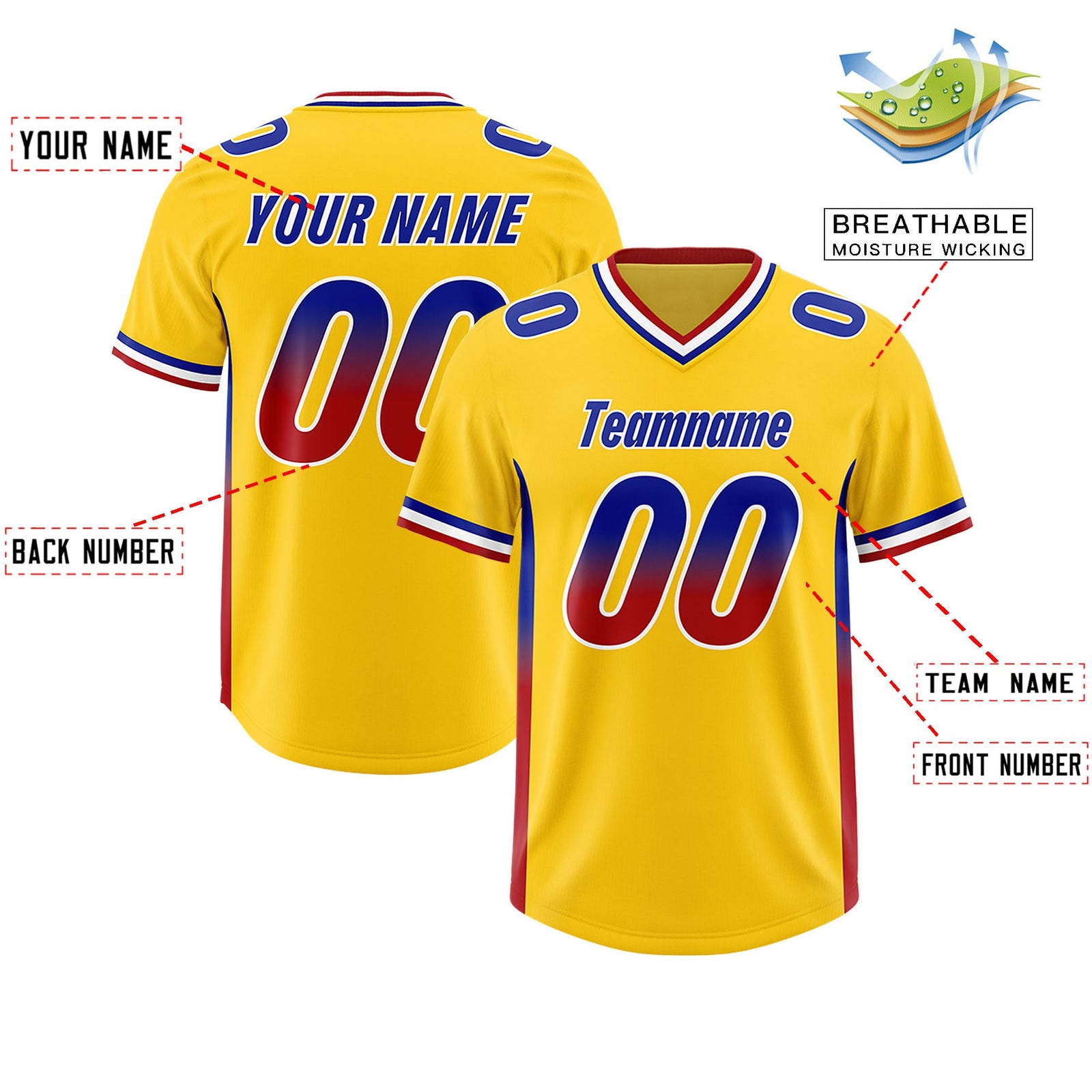 Custom Gold Royal and Red Sides Gradient Fashion Personalized Team Football Jersey