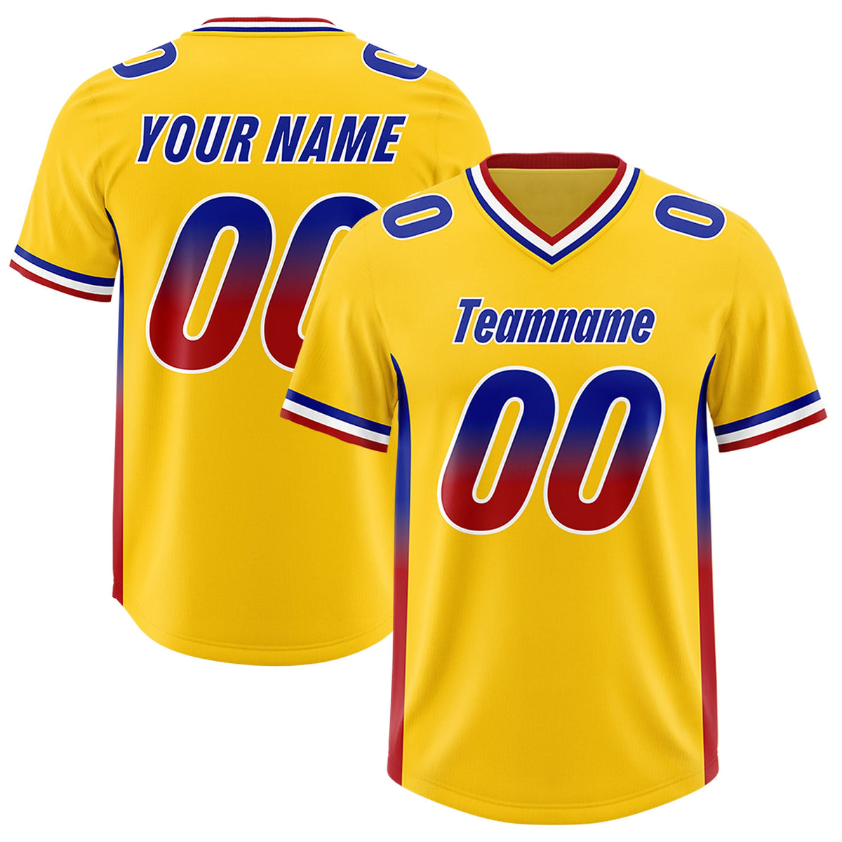 Custom Gold Royal and Red Sides Gradient Fashion Personalized Team Football Jersey