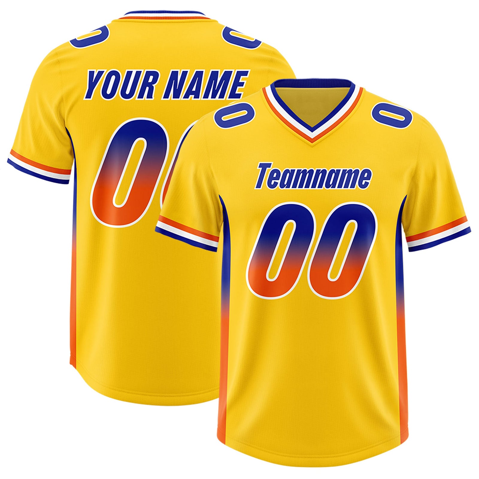 Custom Gold Royal and Orange Sides Gradient Fashion Personalized Team Football Jersey