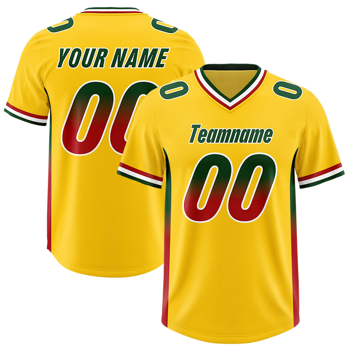 Custom Gold Green and Red Sides Gradient Fashion Personalized Team Football Jersey