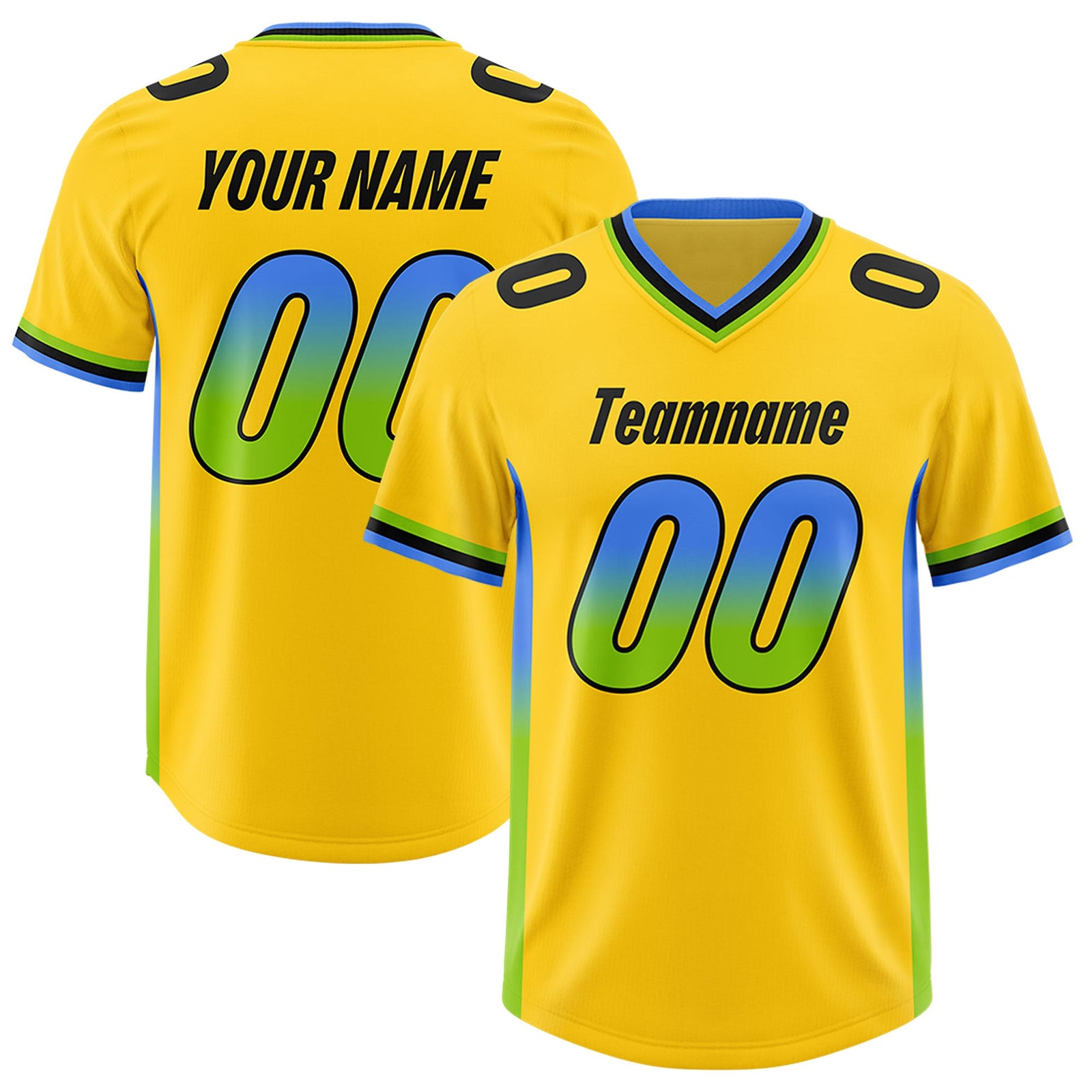 Custom Gold Powder Blue and Neon Green Sides Gradient Fashion Personalized Team Football Jersey