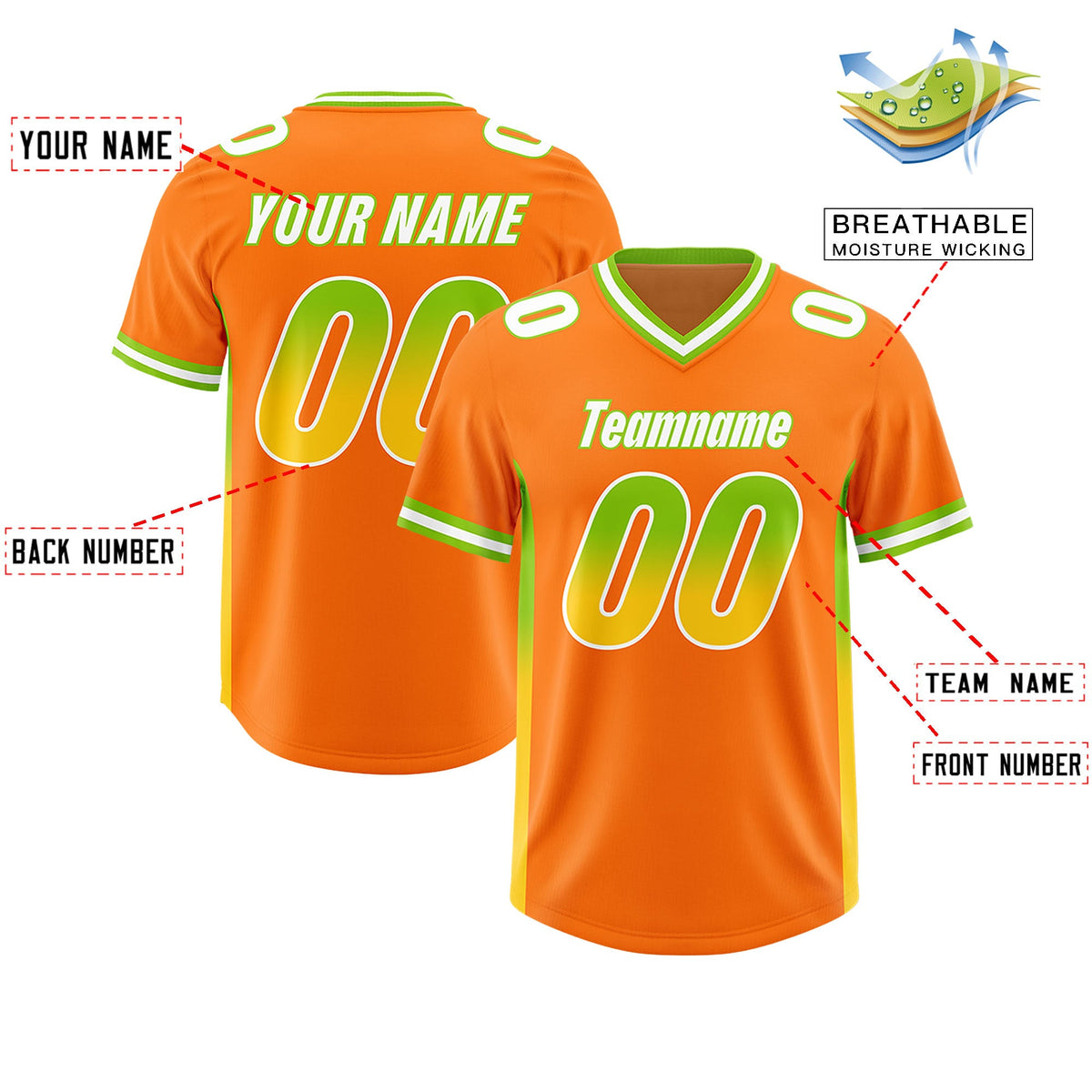 Custom Orange Neon Green and Gold Sides Gradient Fashion Personalized Team Football Jersey