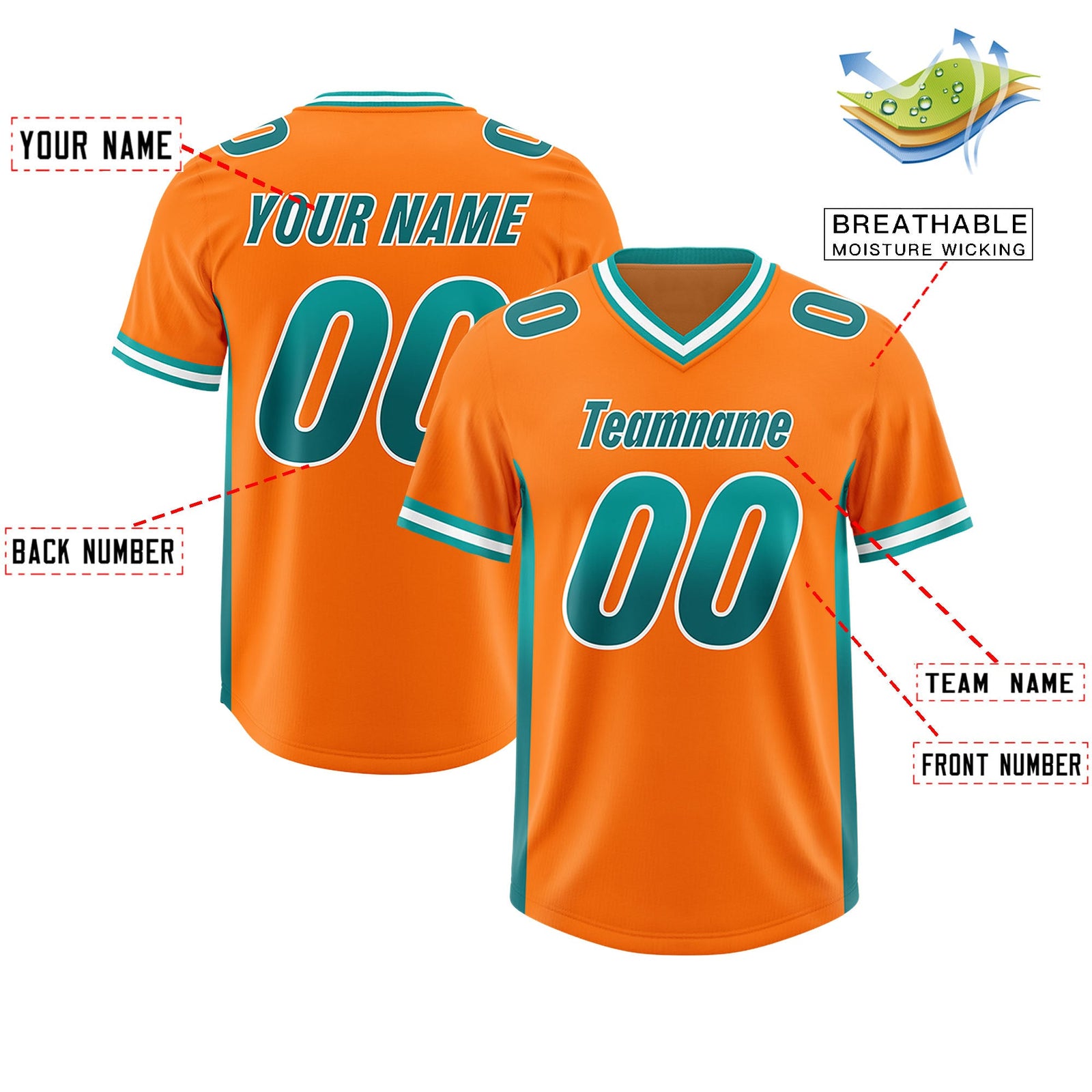 Custom Orange Aqua and Aqua Sides Gradient Fashion Personalized Team Football Jersey