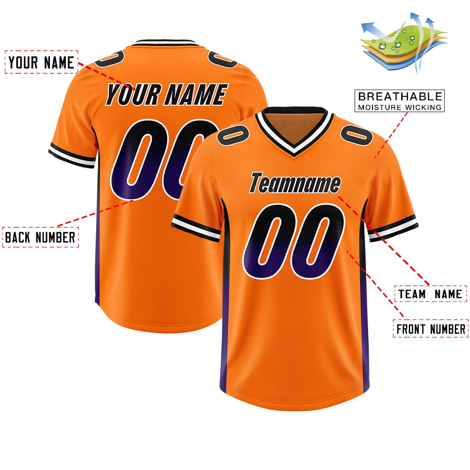 Custom Orange Black and Purple Sides Gradient Fashion Personalized Team Football Jersey