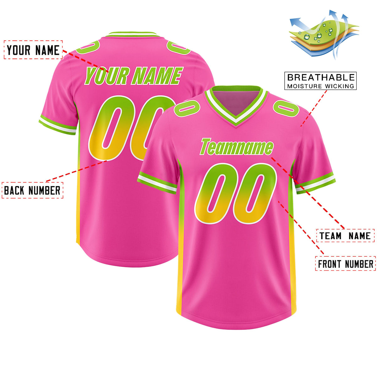 Custom Pink Neon Green and Gold Sides Gradient Fashion Personalized Team Football Jersey