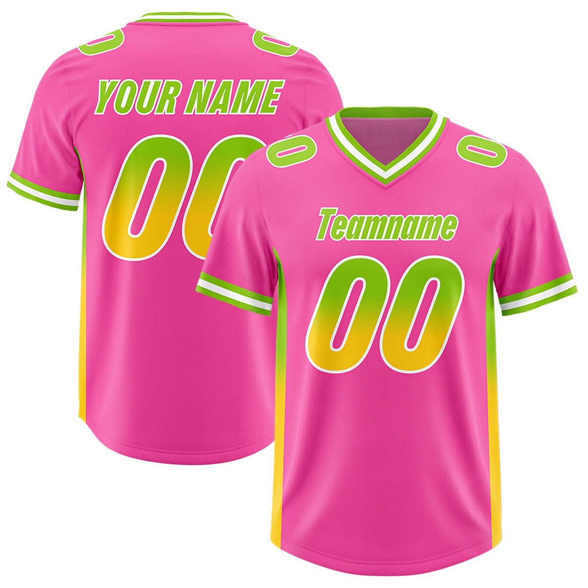 Custom Pink Neon Green and Gold Sides Gradient Fashion Personalized Team Football Jersey