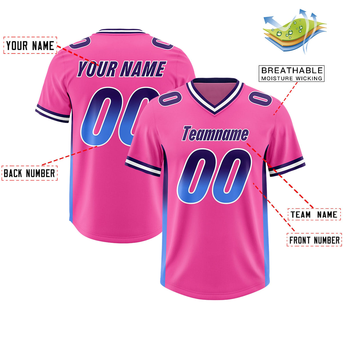 Custom Pink Purple and Powder Blue Sides Gradient Fashion Personalized Team Football Jersey