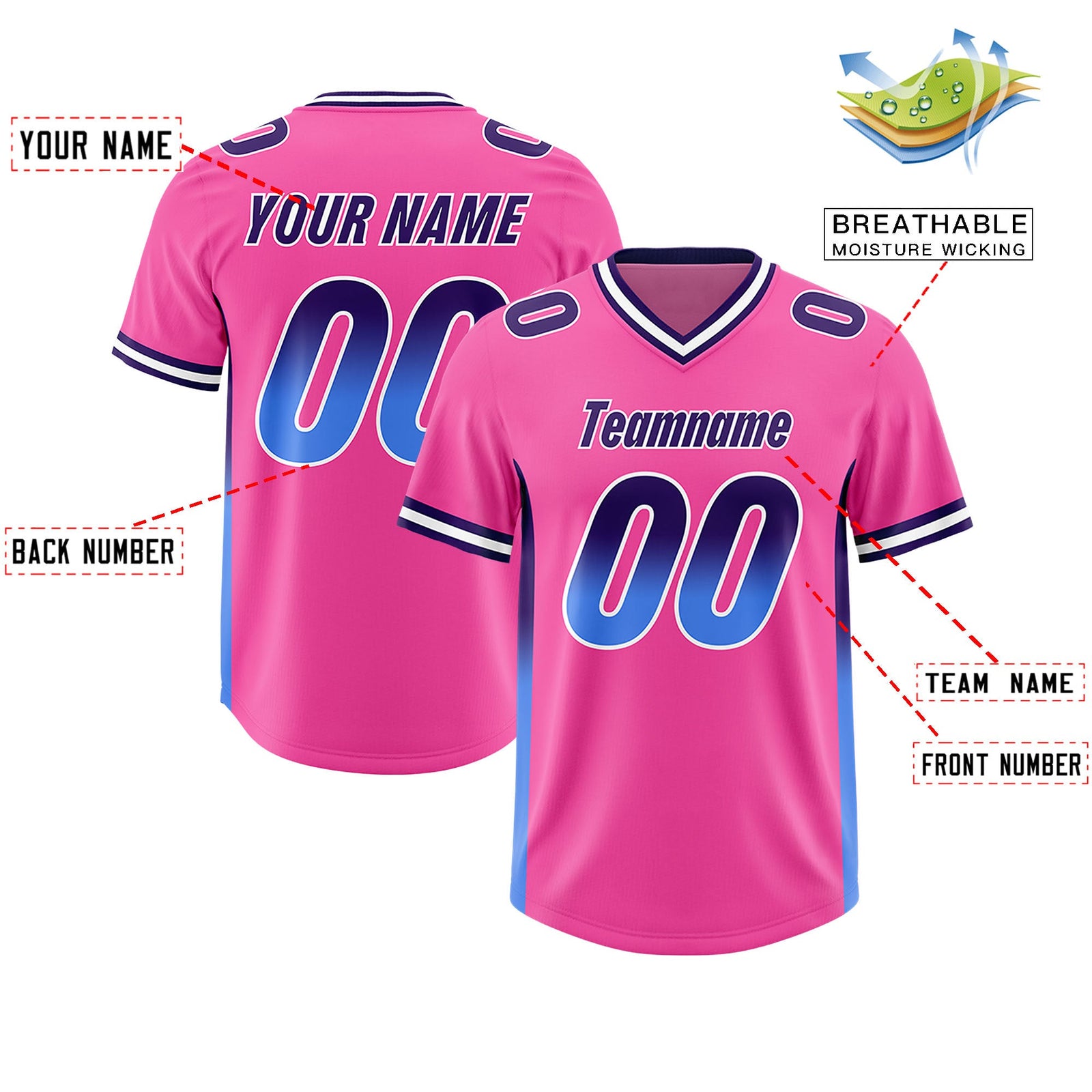 Custom Pink Purple and Powder Blue Sides Gradient Fashion Personalized Team Football Jersey