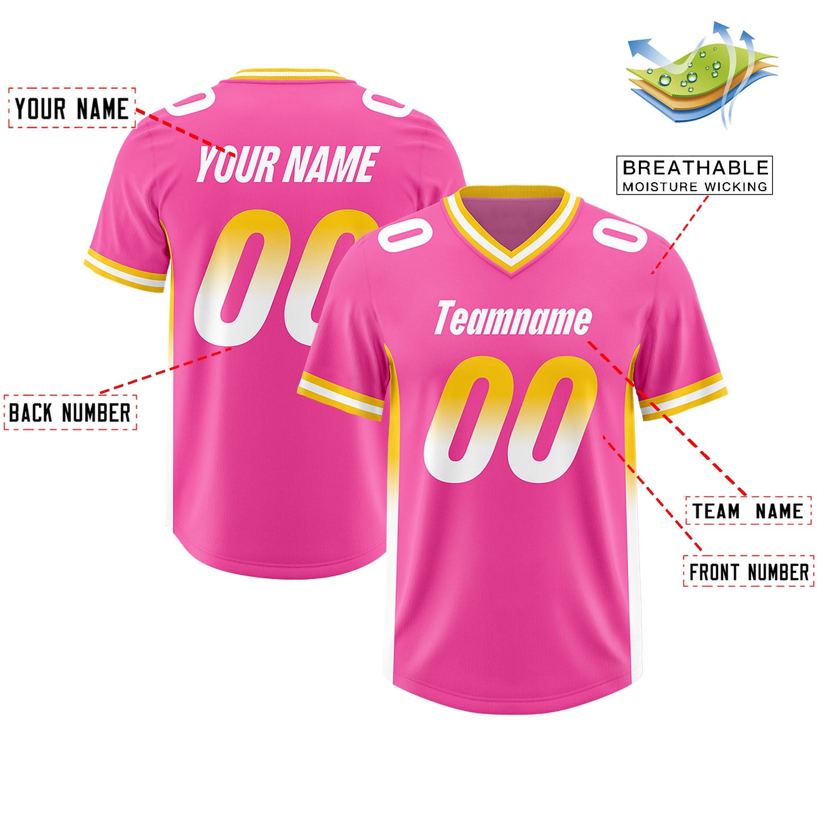 Custom Pink Gold Sides Gradient Fashion Personalized Team Football Jersey