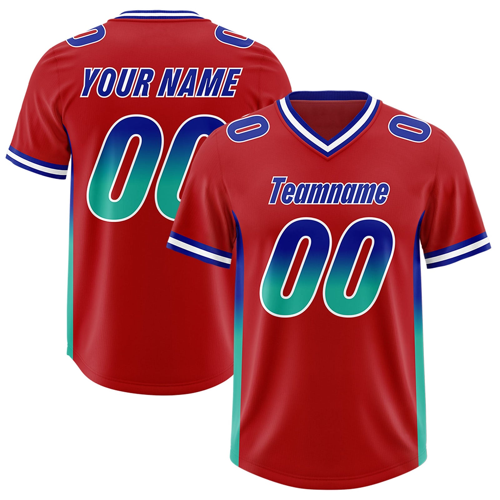 Custom Red Royal and Bright Green Sides Gradient Fashion Personalized Team Football Jersey