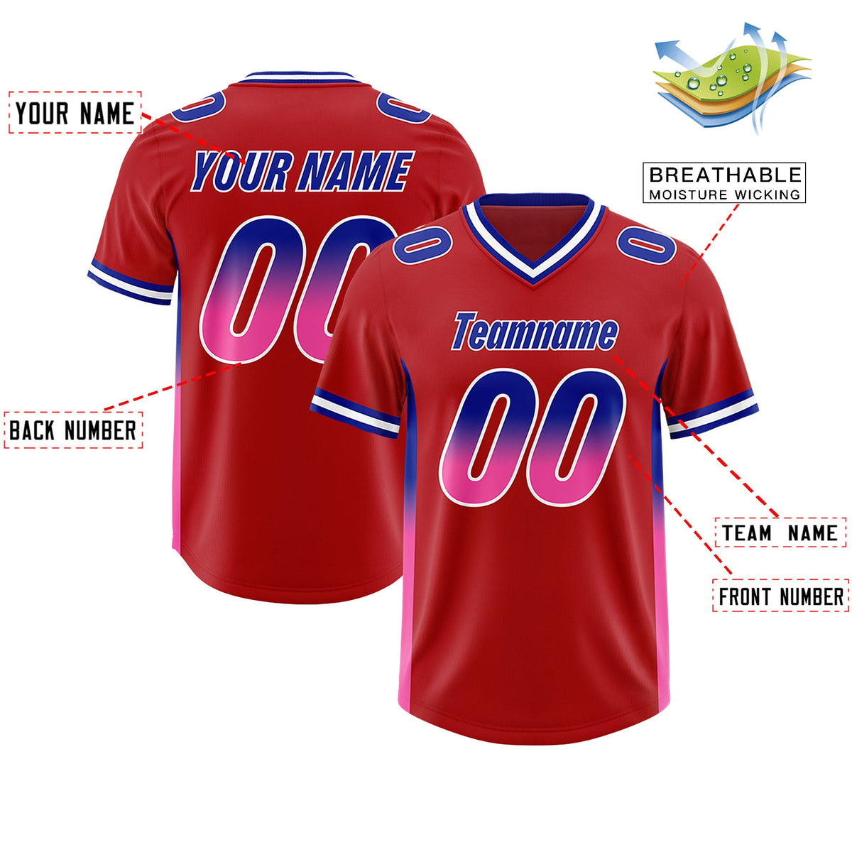 Custom Red Royal and Pink Sides Gradient Fashion Personalized Team Football Jersey
