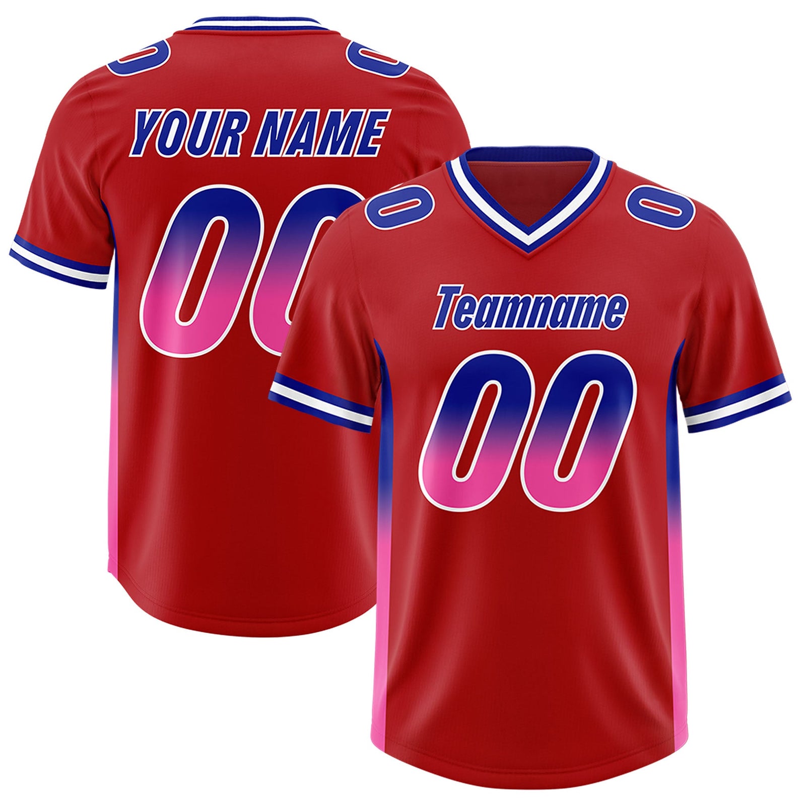 Custom Red Royal and Pink Sides Gradient Fashion Personalized Team Football Jersey