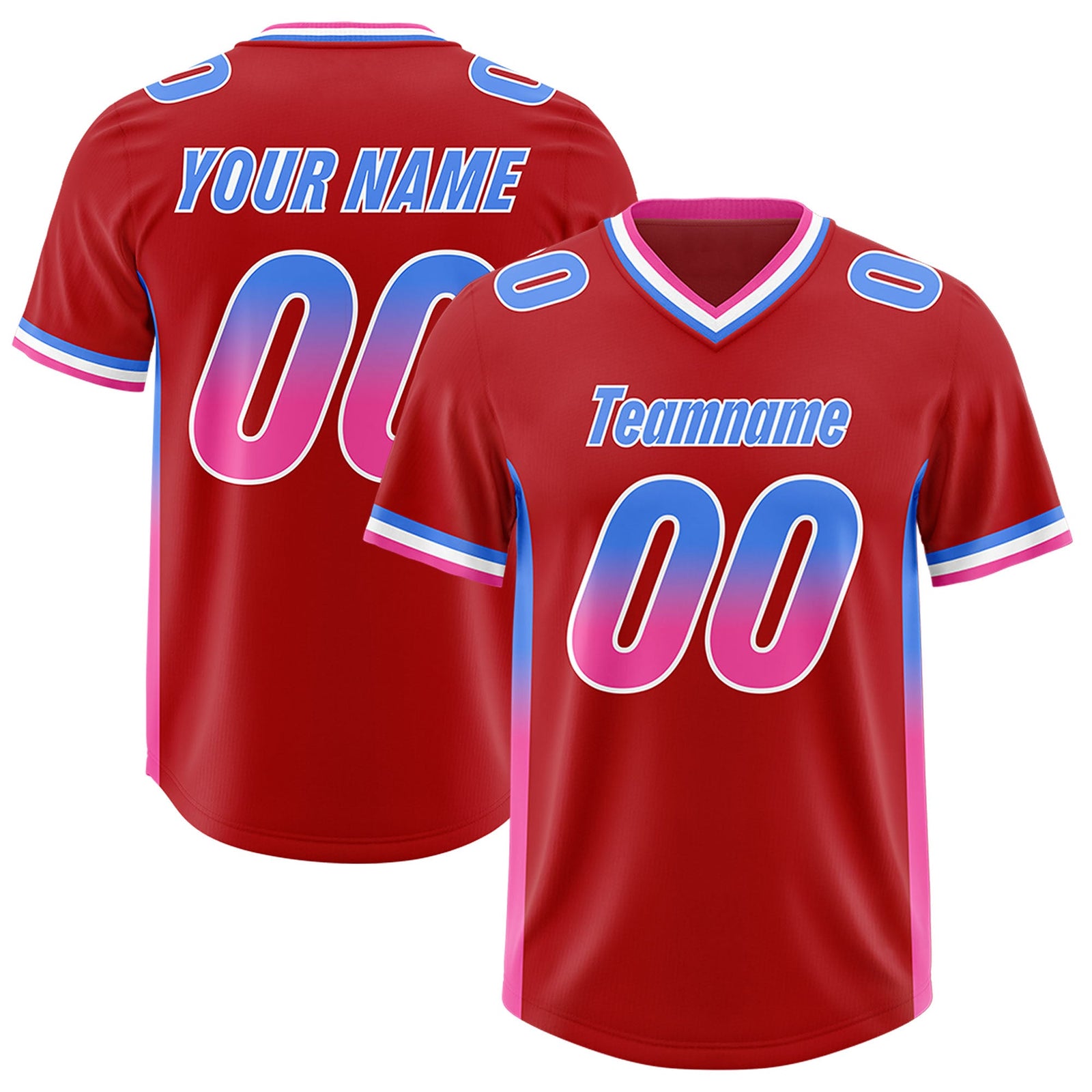 Custom Red Powder Blue and Pink Sides Gradient Fashion Personalized Team Football Jersey