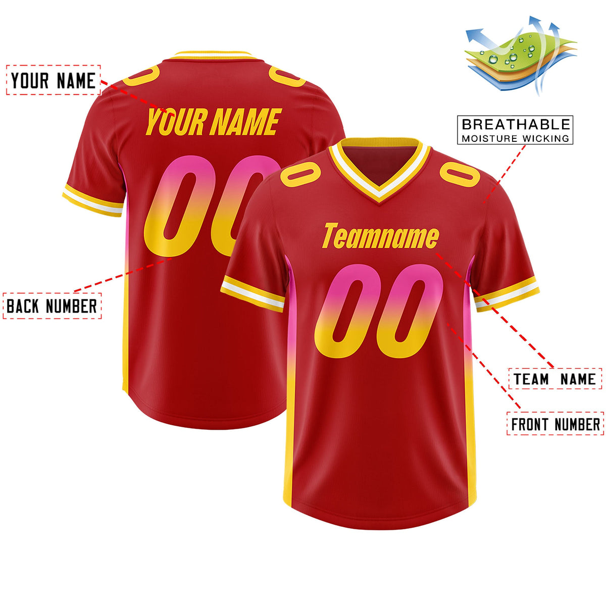 Custom Red Pink and Gold Sides Gradient Fashion Personalized Team Football Jersey