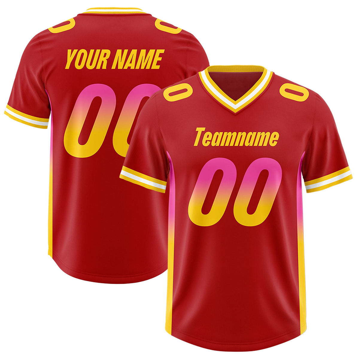 Custom Red Pink and Gold Sides Gradient Fashion Personalized Team Football Jersey