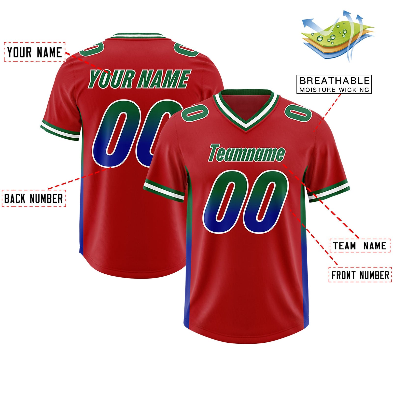 Custom Red Kelly Green and Royal Sides Gradient Fashion Personalized Team Football Jersey
