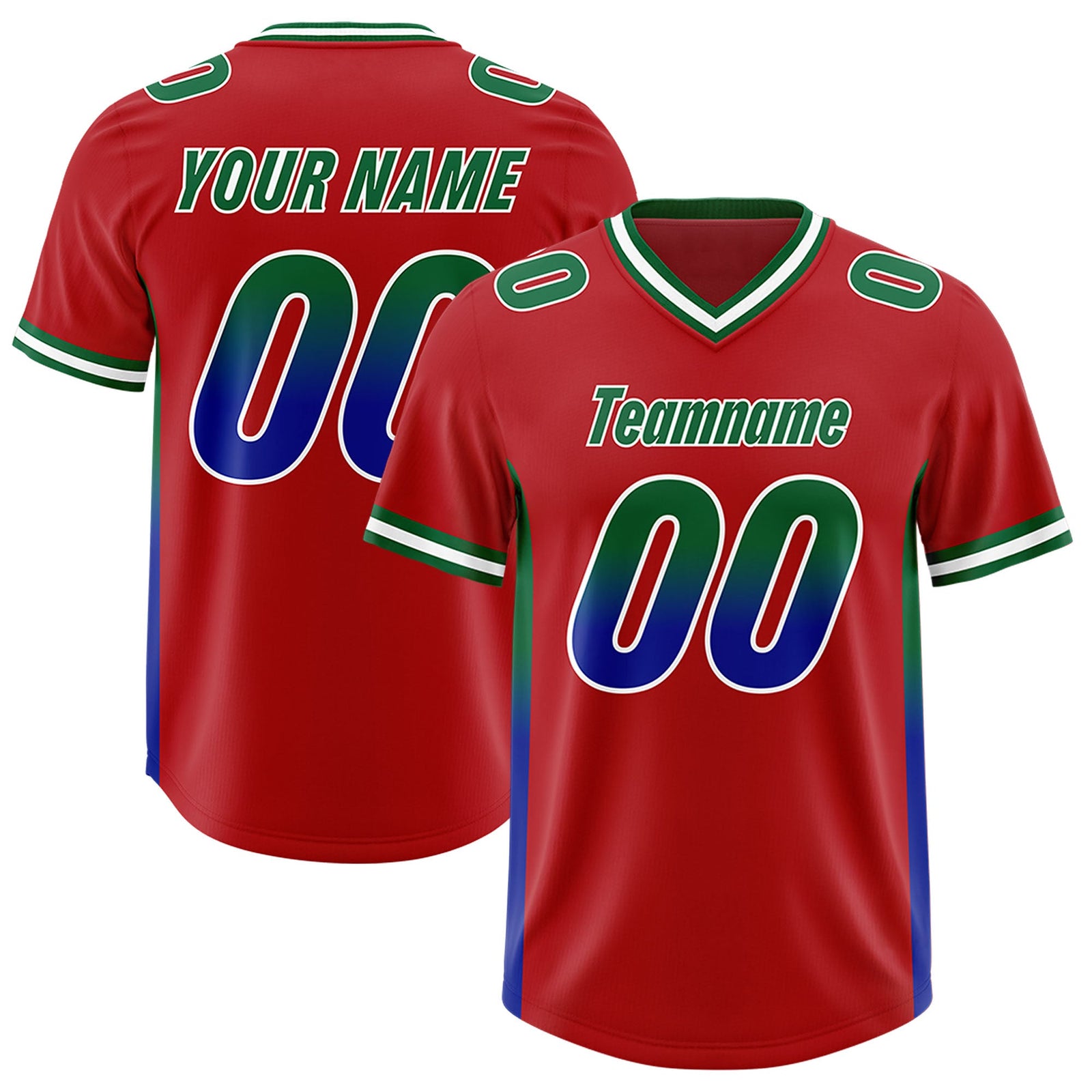 Custom Red Kelly Green and Royal Sides Gradient Fashion Personalized Team Football Jersey