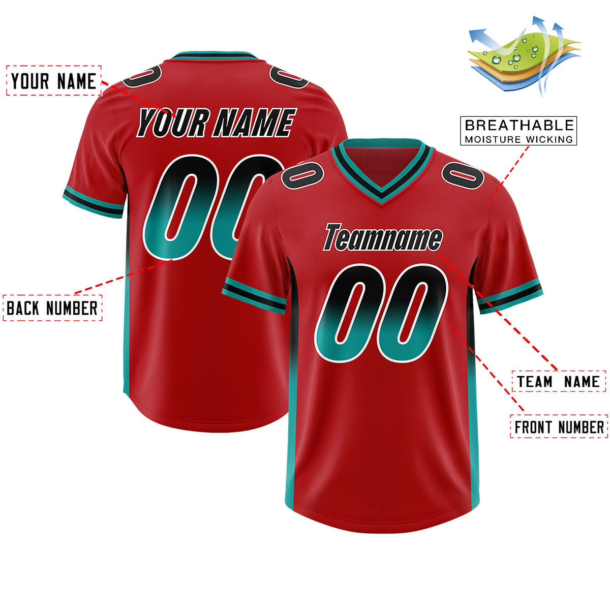 Custom Red Black and Aqua Sides Gradient Fashion Personalized Team Football Jersey