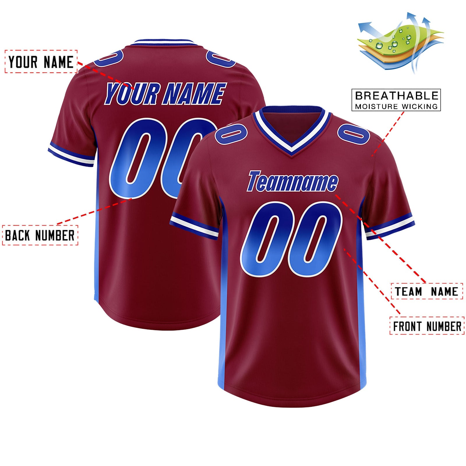 Custom Cardinal Royal and Powder Blue Sides Gradient Fashion Personalized Team Football Jersey