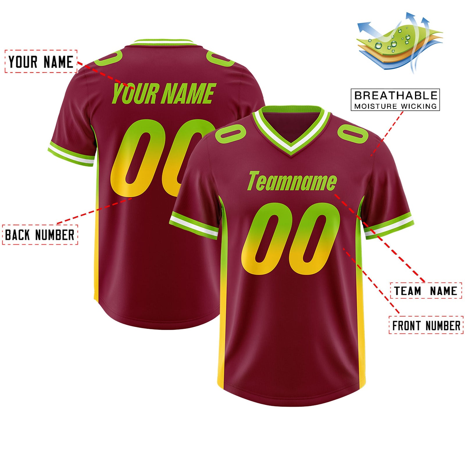 Custom Cardinal Neon Green and Gold Sides Gradient Fashion Personalized Team Football Jersey