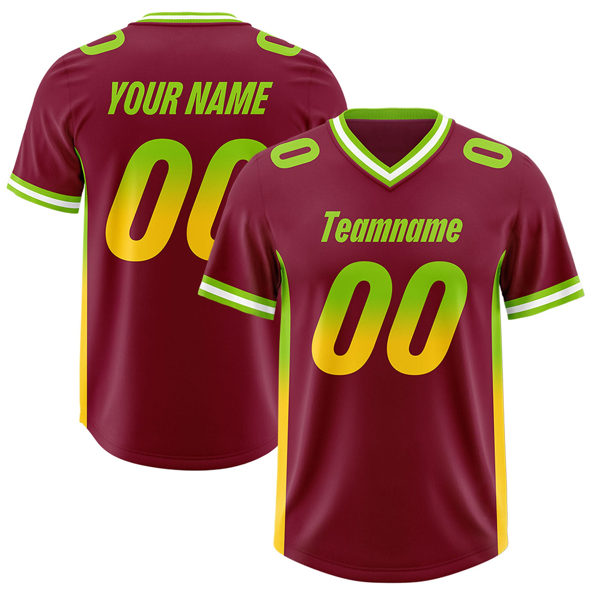 Custom Cardinal Neon Green and Gold Sides Gradient Fashion Personalized Team Football Jersey