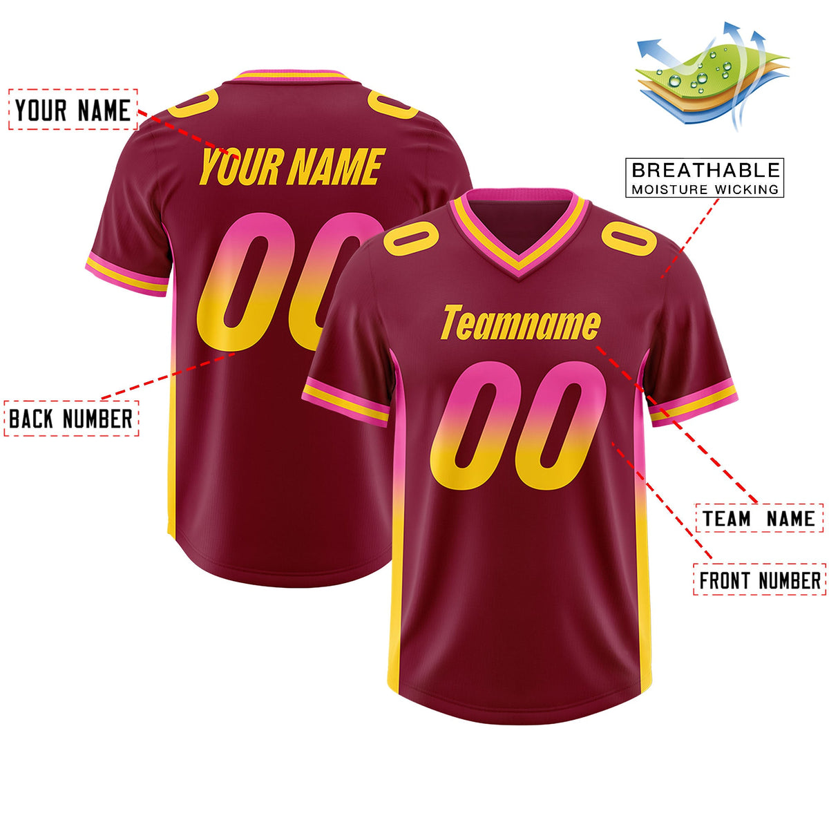 Custom Cardinal Pink and Gold Sides Gradient Fashion Personalized Team Football Jersey