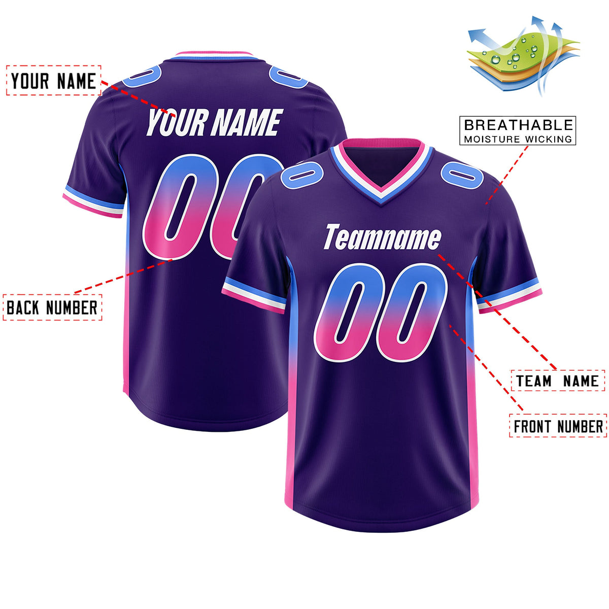 Custom Purple Powder Blue and Pink Sides Gradient Fashion Personalized Team Football Jersey
