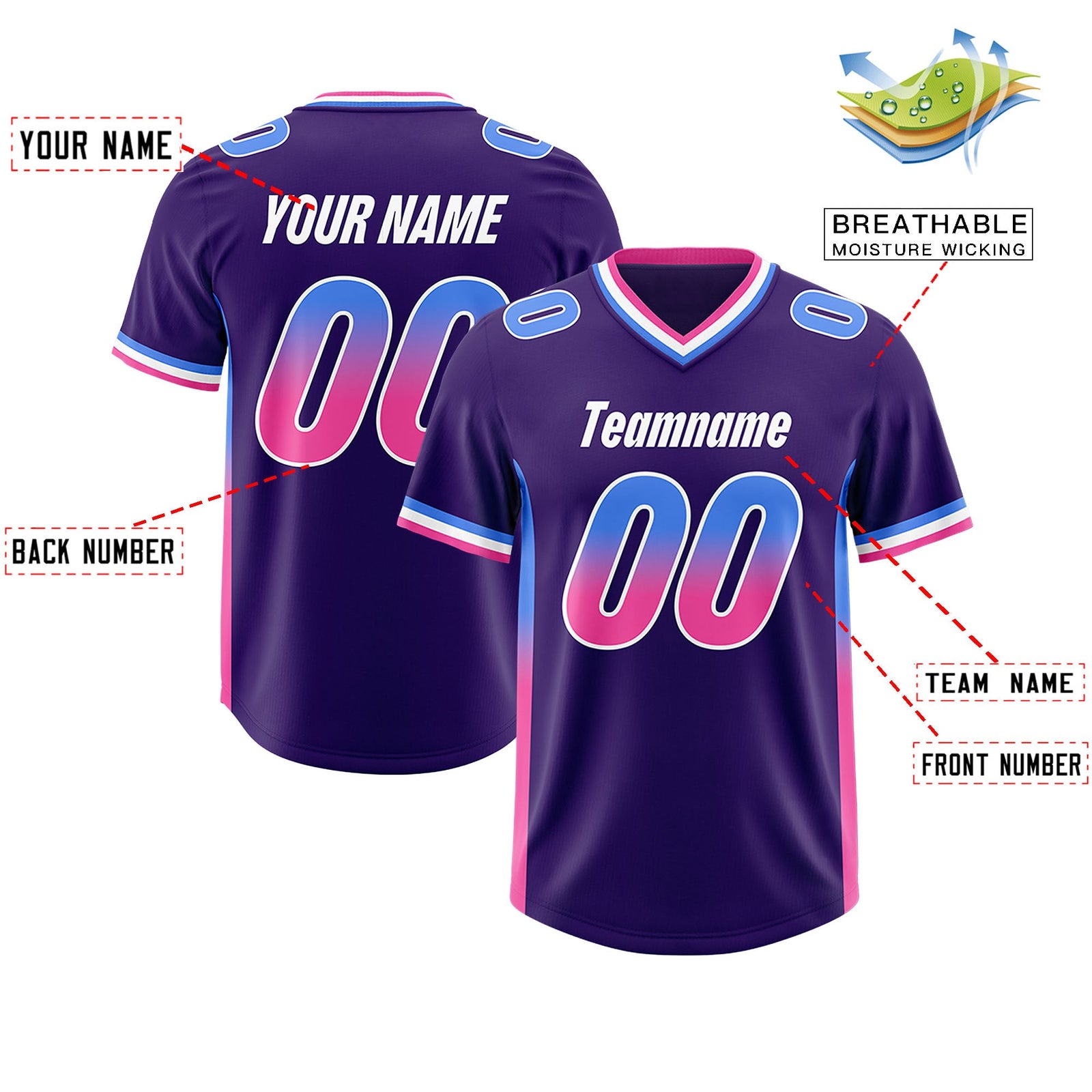 Custom Purple Powder Blue and Pink Sides Gradient Fashion Personalized Team Football Jersey