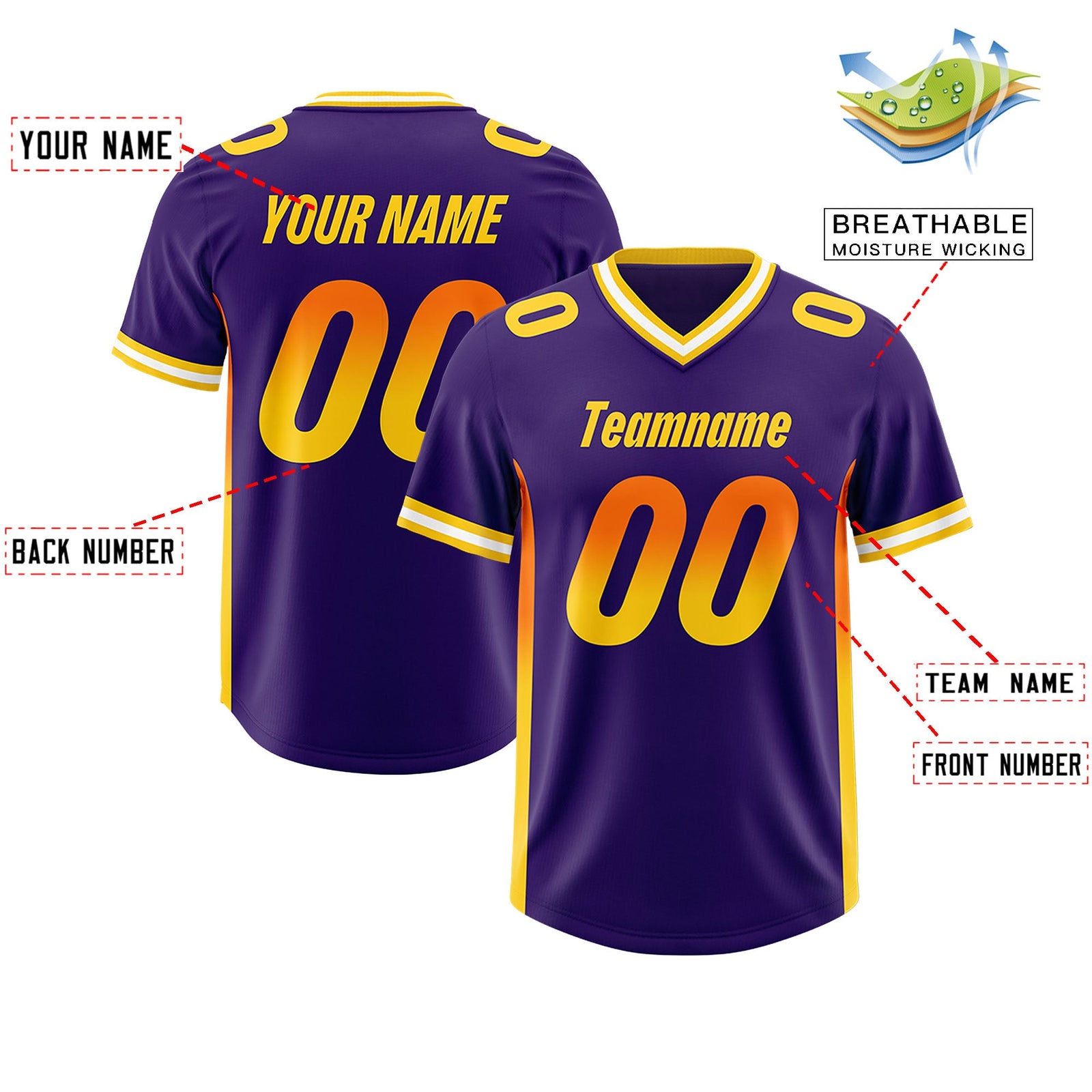 Custom Purple Orange and Gold Sides Gradient Fashion Personalized Team Football Jersey