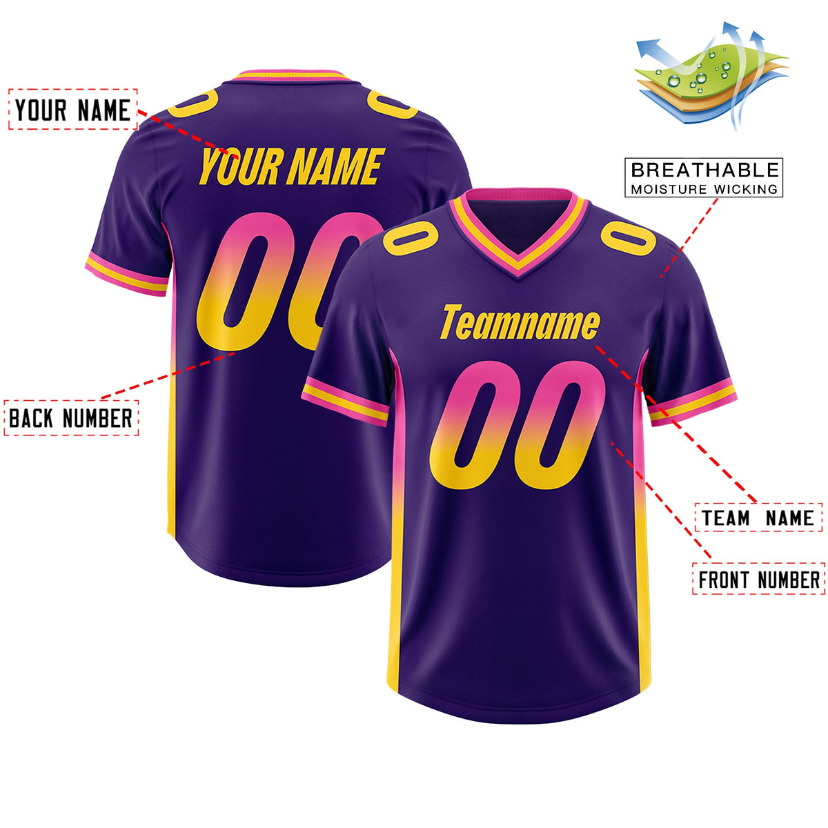 Custom Purple Pink and Gold Sides Gradient Fashion Personalized Team Football Jersey