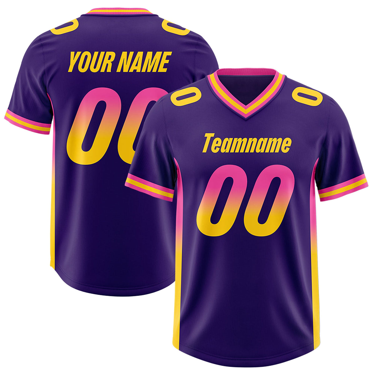 Custom Purple Pink and Gold Sides Gradient Fashion Personalized Team Football Jersey