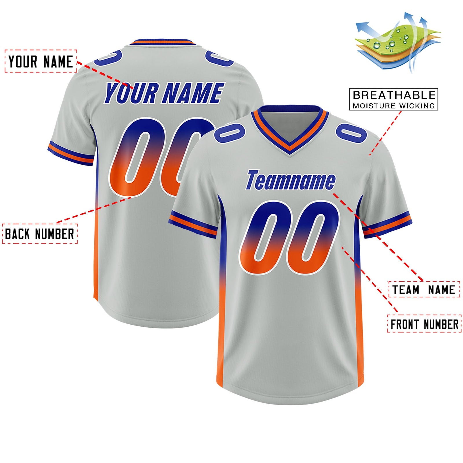 Custom Gray Royal and Orange Sides Gradient Fashion Personalized Team Football Jersey