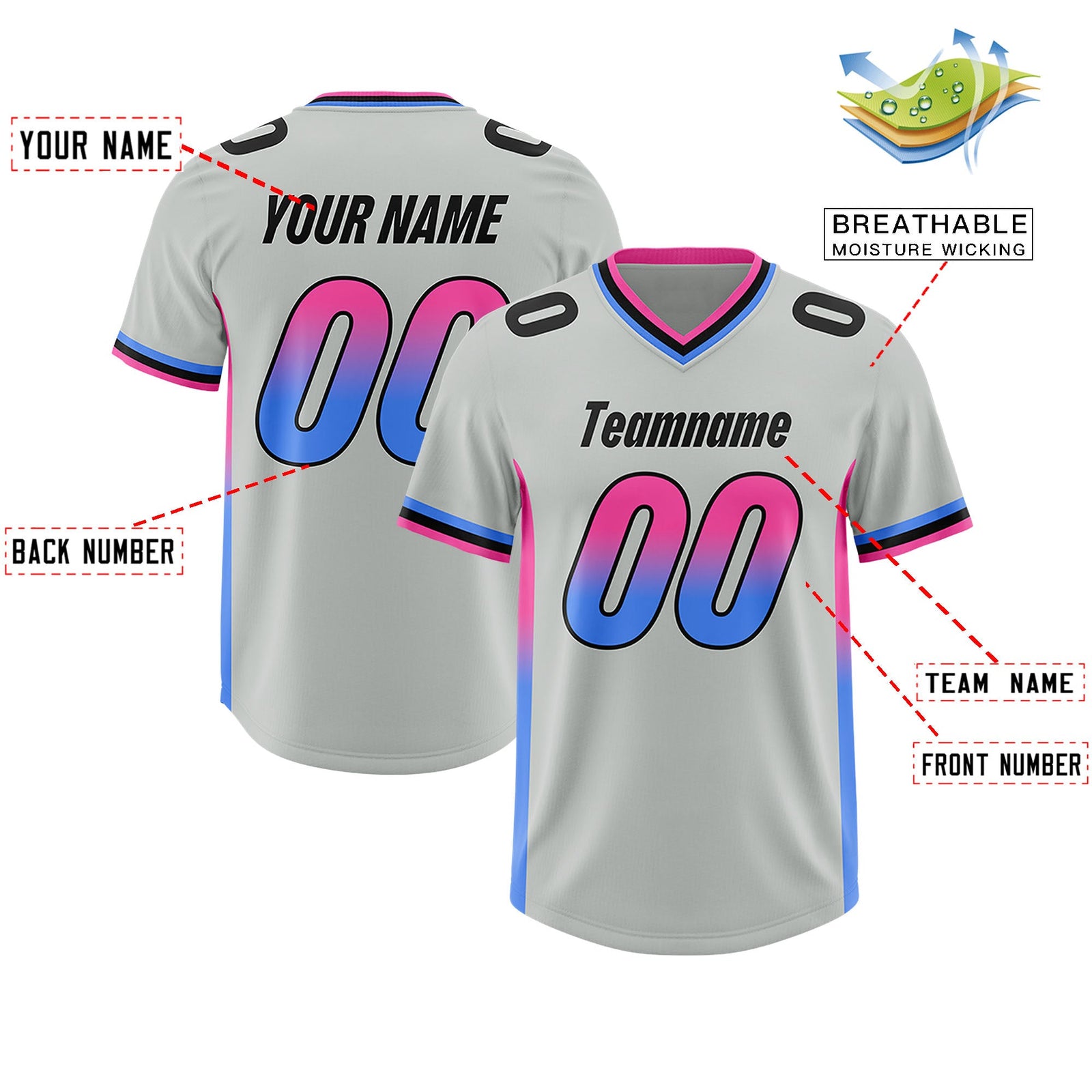 Custom Gray Pink and Powder Blue Sides Gradient Fashion Personalized Team Football Jersey