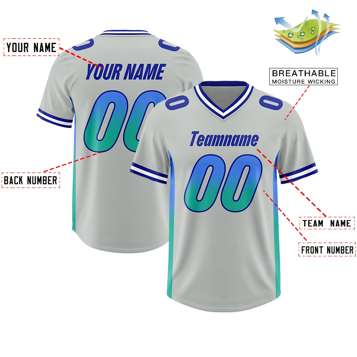 Custom Gray Powder Blue and Bright Green Sides Gradient Fashion Personalized Team Football Jersey