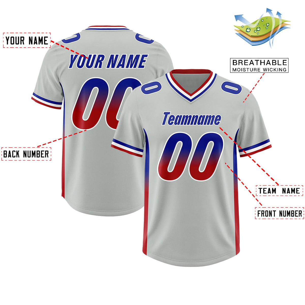 Custom Gray Royal and Red Sides Gradient Fashion Personalized Team Football Jersey