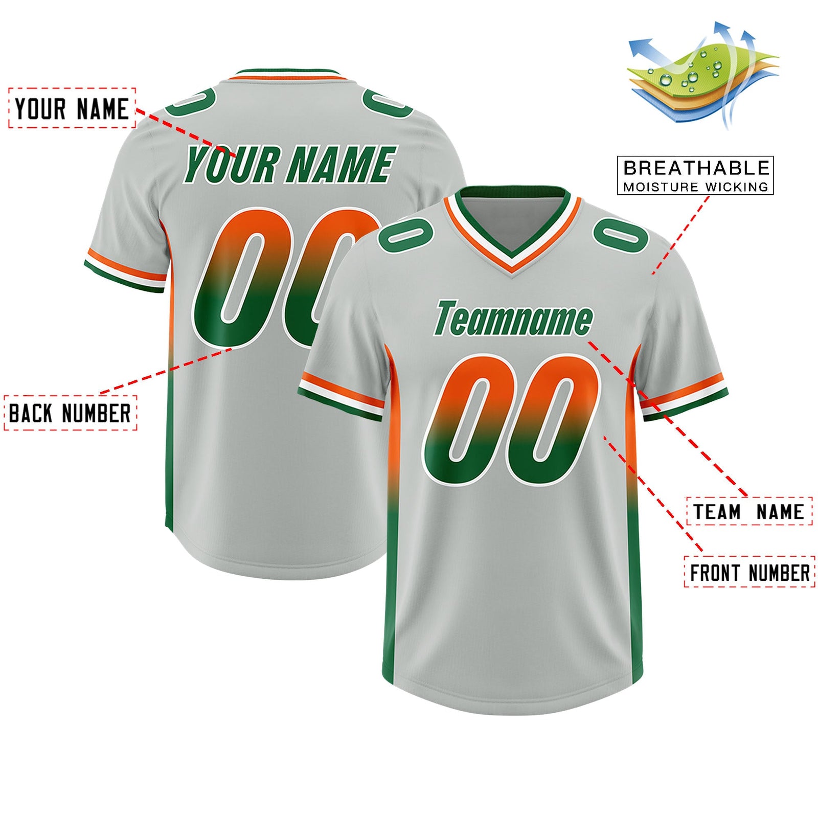 Custom Gray Orange and Kelly Green Sides Gradient Fashion Personalized Team Football Jersey