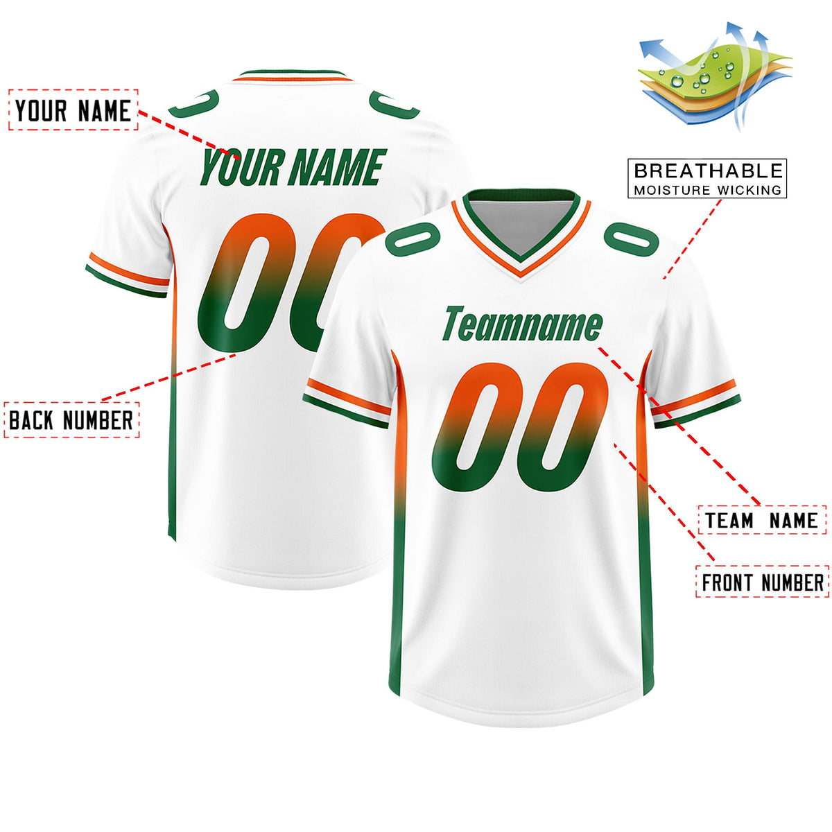Custom White Orange and Kelly Green Sides Gradient Fashion Personalized Team Football Jersey