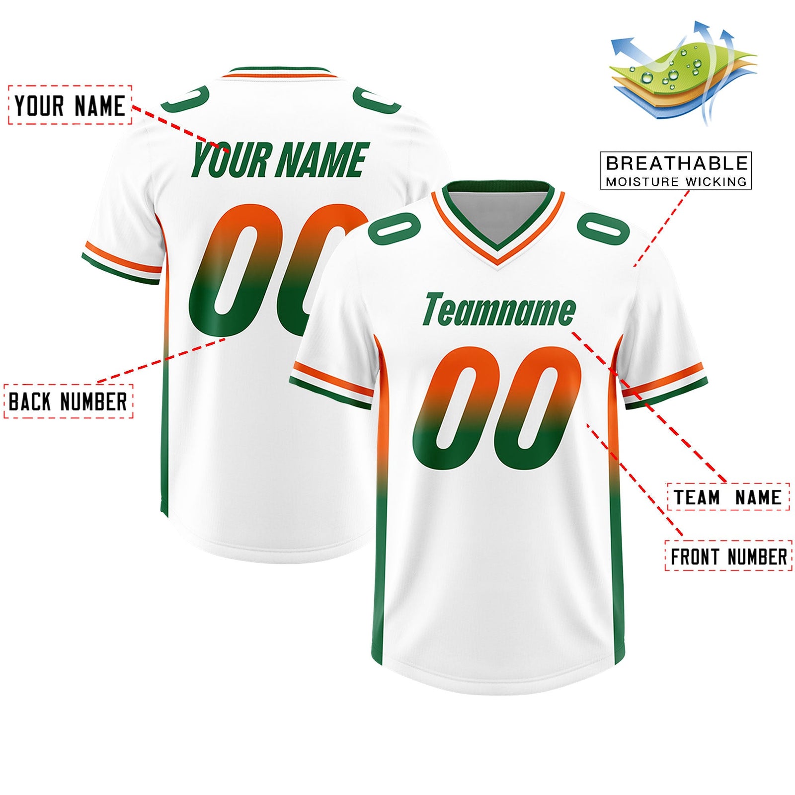 Custom White Orange and Kelly Green Sides Gradient Fashion Personalized Team Football Jersey